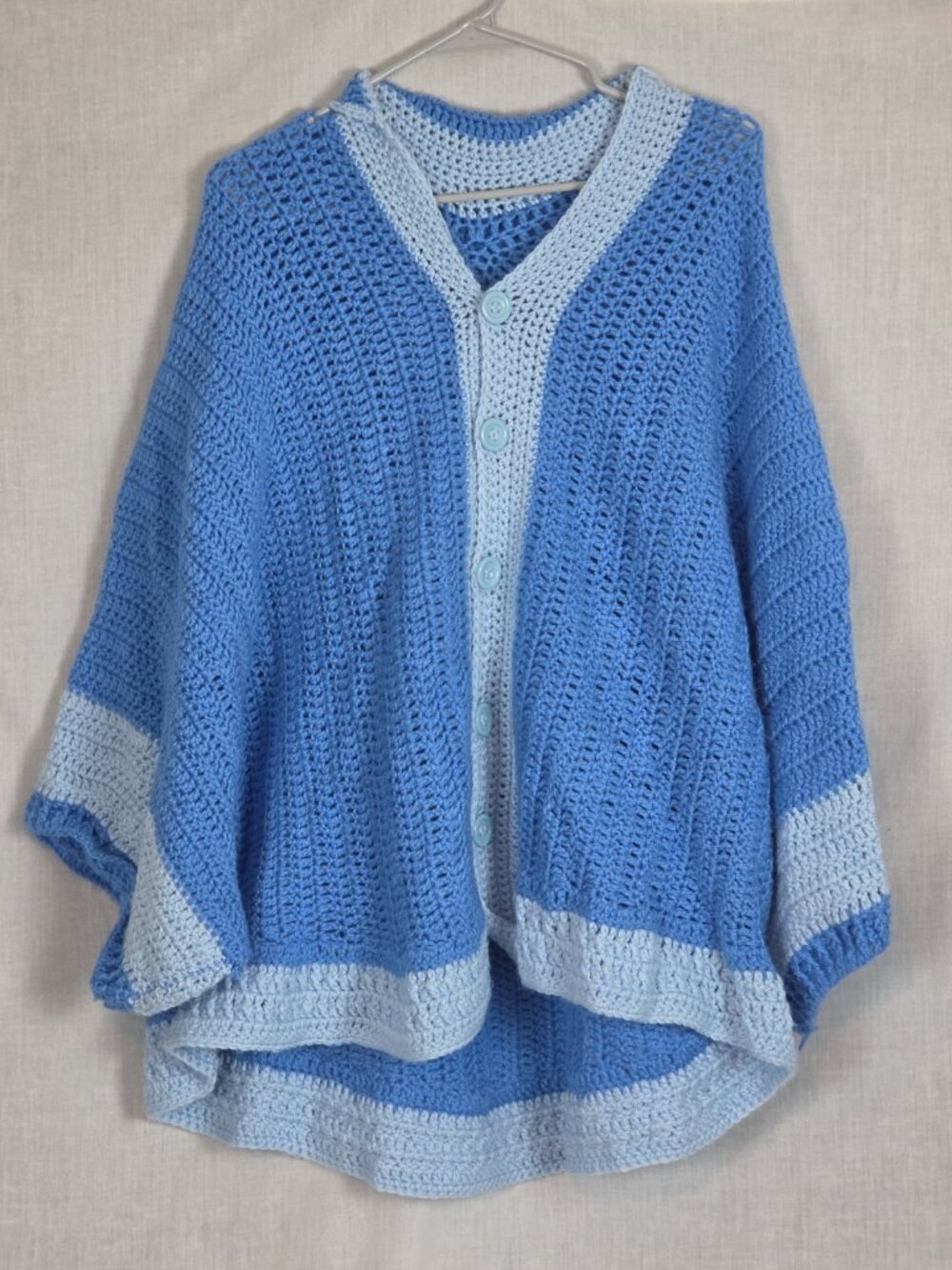 Handmade Crochet Poncho Cape 2 tone blues Batwing sleeves One size